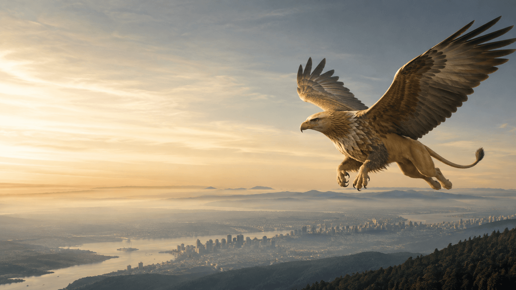 A griffin gliding calmly above a distant coastal city at dawn